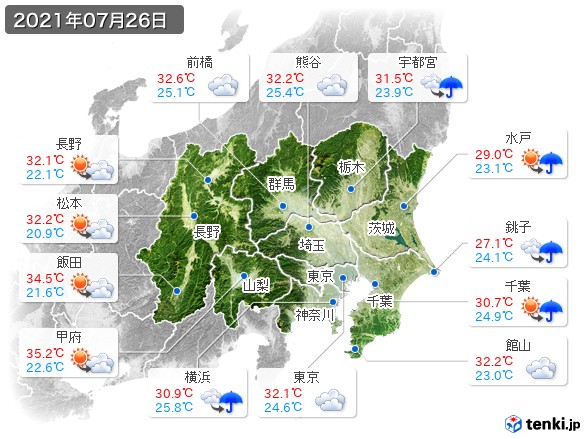 関東・甲信地方(2021年07月26日の天気