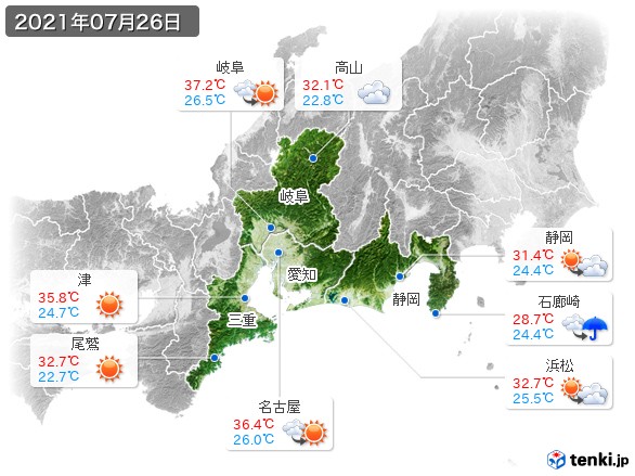 東海地方(2021年07月26日の天気