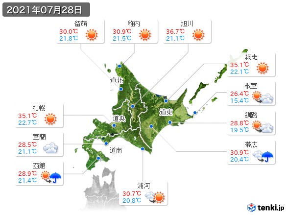 北海道地方(2021年07月28日の天気