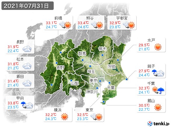 関東・甲信地方(2021年07月31日の天気