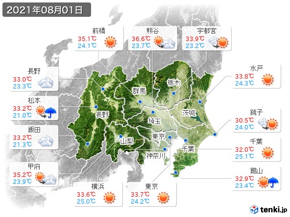 関東・甲信地方(2021年08月01日の天気