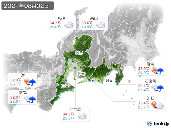 東海地方(2021年08月02日の天気