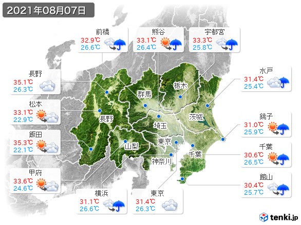 関東・甲信地方(2021年08月07日の天気