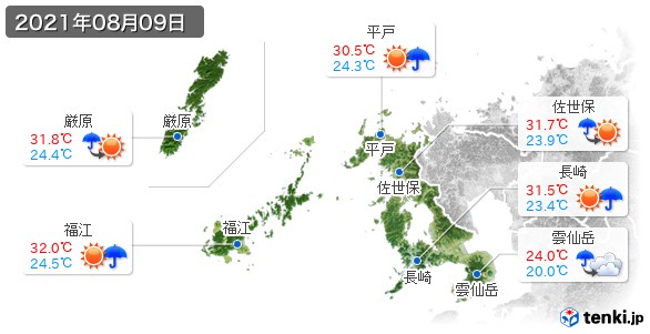 長崎県の過去の天気 実況天気 21年08月09日 日本気象協会 Tenki Jp