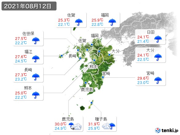 九州地方(2021年08月12日の天気