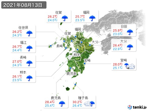 九州地方(2021年08月13日の天気