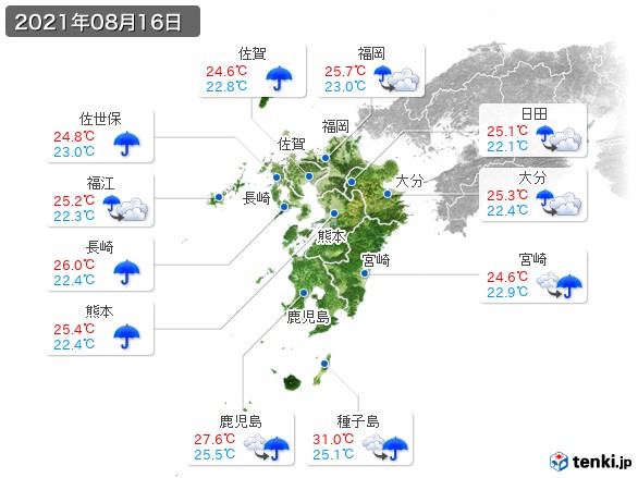 九州地方(2021年08月16日の天気