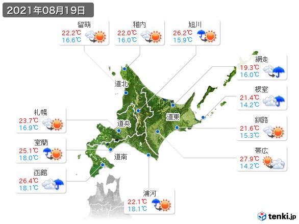 北海道地方(2021年08月19日の天気