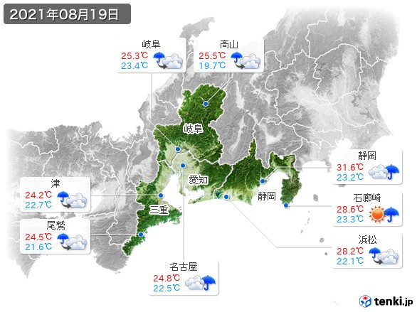 東海地方(2021年08月19日の天気