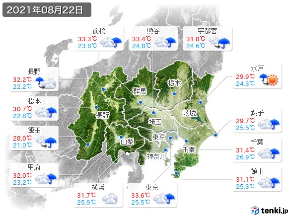 関東・甲信地方(2021年08月22日の天気