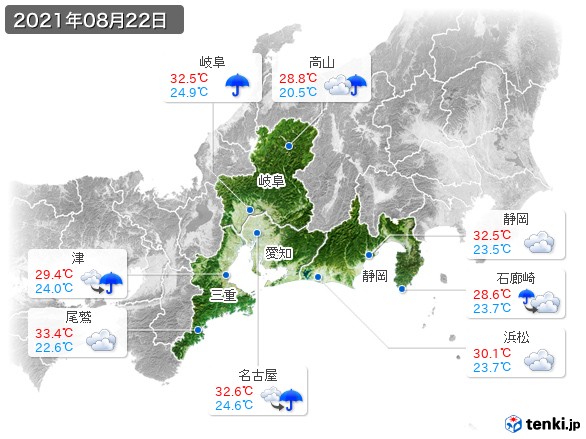 東海地方(2021年08月22日の天気