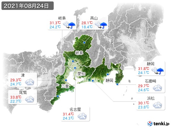 東海地方(2021年08月24日の天気