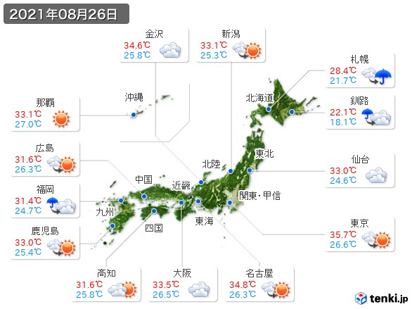 過去の天気 実況天気 21年08月26日 日本気象協会 Tenki Jp