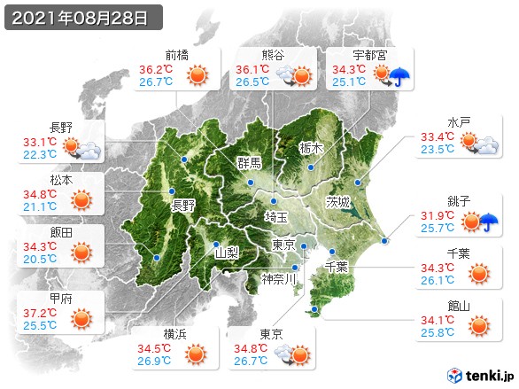 関東・甲信地方(2021年08月28日の天気
