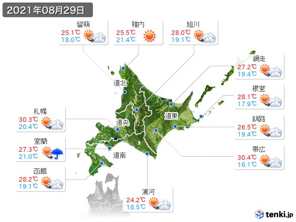北海道地方(2021年08月29日の天気