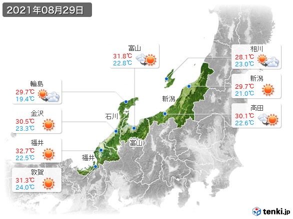 北陸地方(2021年08月29日の天気