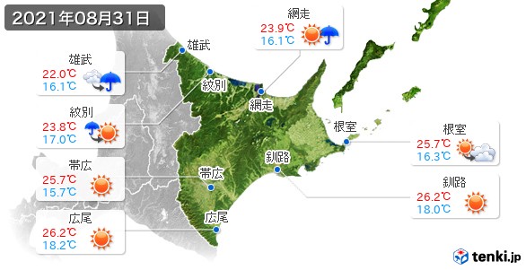 道東(2021年08月31日の天気