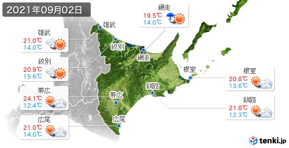 道東(2021年09月02日の天気