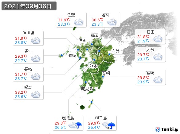九州地方(2021年09月06日の天気