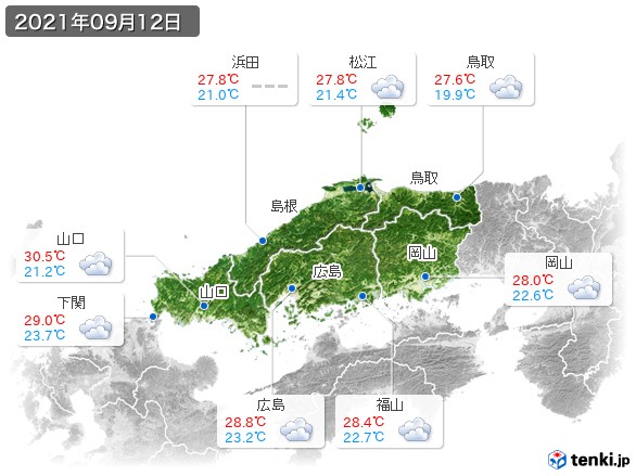 中国地方(2021年09月12日の天気