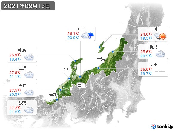 北陸地方(2021年09月13日の天気