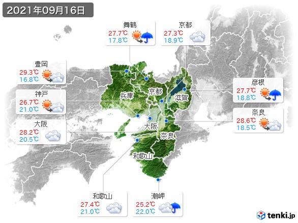 近畿地方(2021年09月16日の天気