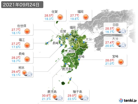 九州地方(2021年09月24日の天気