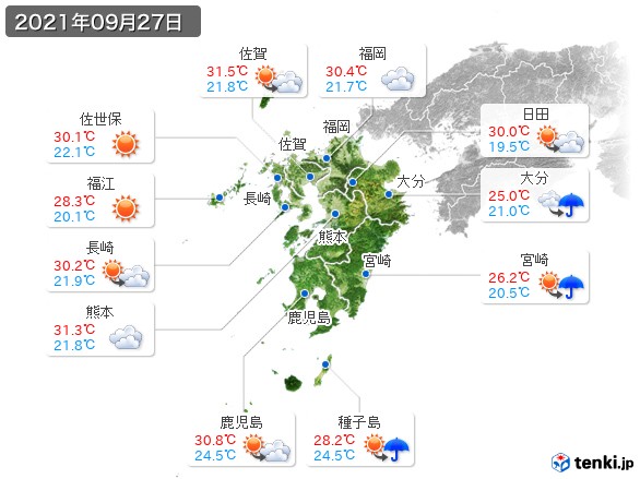 九州地方(2021年09月27日の天気