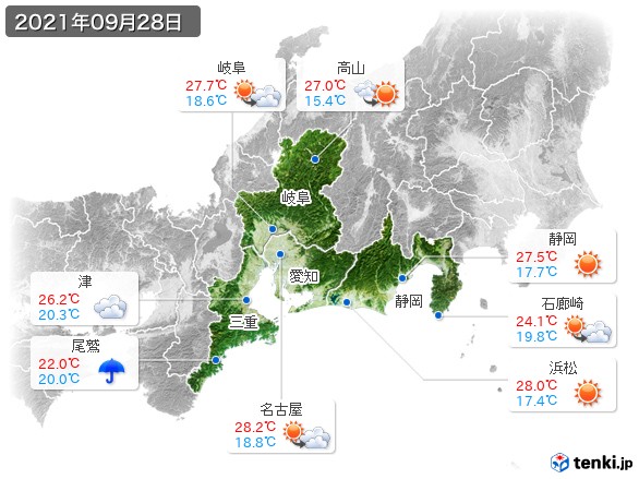 東海地方(2021年09月28日の天気