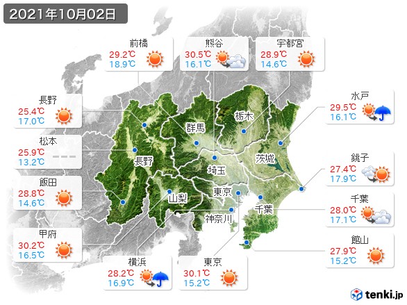 関東・甲信地方(2021年10月02日の天気