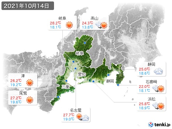 東海地方(2021年10月14日の天気