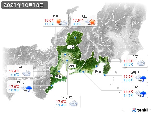 東海地方(2021年10月18日の天気