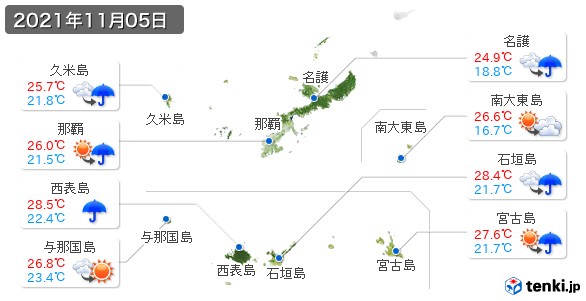 沖縄県の過去の天気 実況天気 21年11月05日 日本気象協会 Tenki Jp