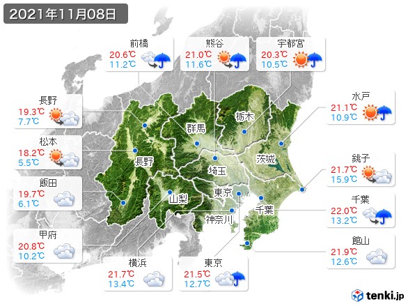 関東・甲信地方(2021年11月08日の天気