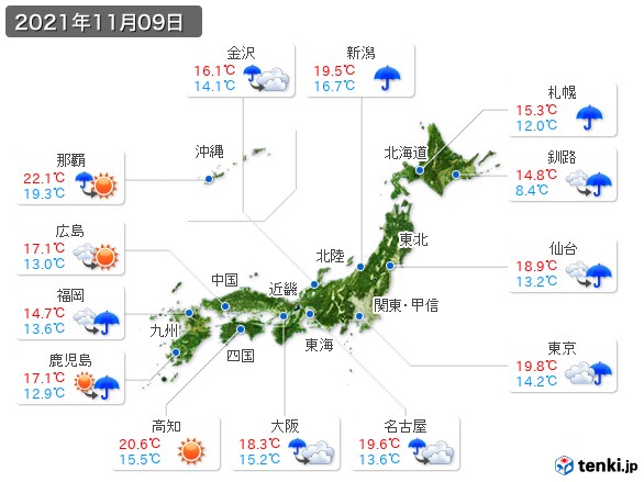 過去の天気 実況天気 21年11月09日 日本気象協会 Tenki Jp