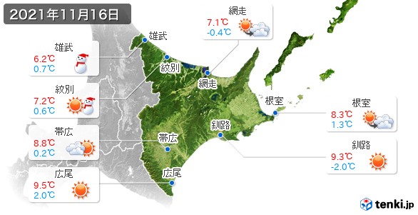 道東(2021年11月16日の天気