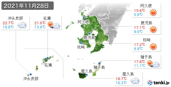 鹿児島県(2021年11月28日の天気