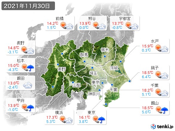 関東・甲信地方(2021年11月30日の天気