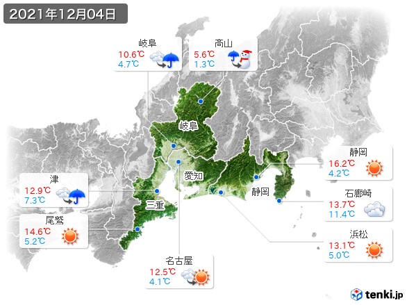 東海地方(2021年12月04日の天気