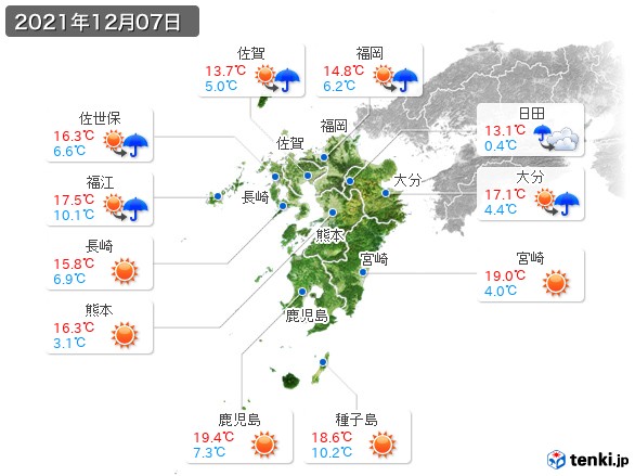 九州地方(2021年12月07日の天気