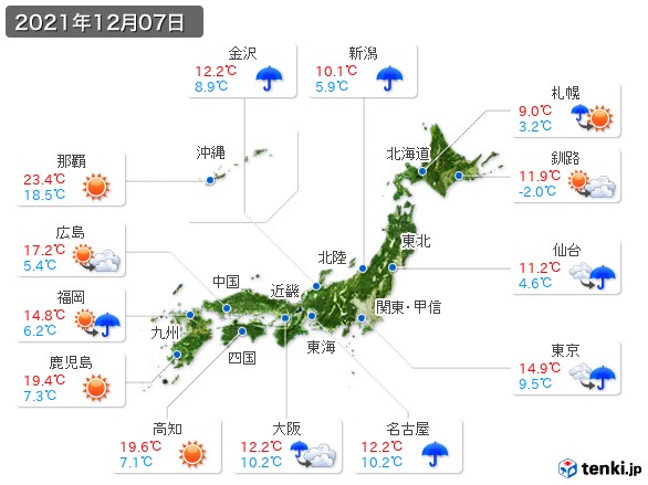 過去の天気 実況天気 21年12月07日 日本気象協会 Tenki Jp