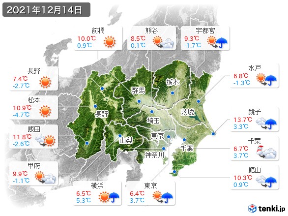 関東・甲信地方(2021年12月14日の天気