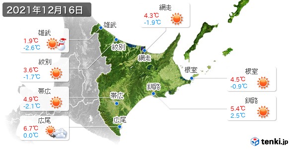 道東(2021年12月16日の天気