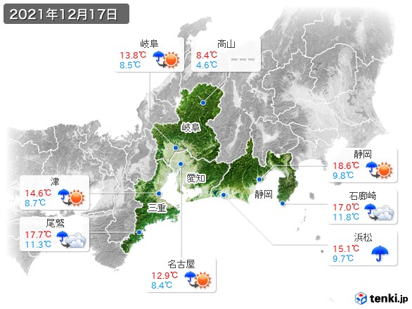 東海地方(2021年12月17日の天気