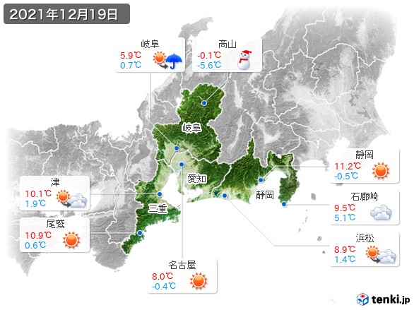 東海地方(2021年12月19日の天気