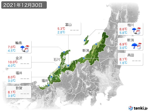 北陸地方(2021年12月30日の天気