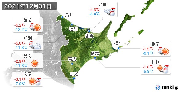 道東(2021年12月31日の天気