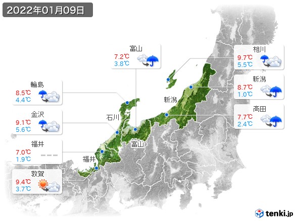 北陸地方(2022年01月09日の天気