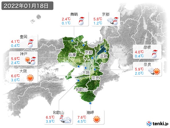 近畿地方(2022年01月18日の天気