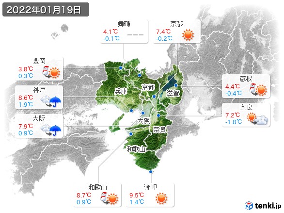 近畿地方(2022年01月19日の天気